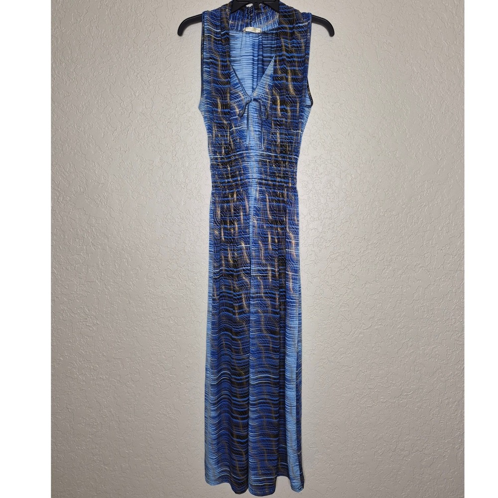 Seven Islands Blue Gold Metallic Wave Print Smocked Waist Maxi Dress Large